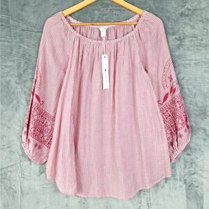 Womens Top Medium Red‎ Boho Floral Embroidered Striped Gauze Peasant Hippie NWT